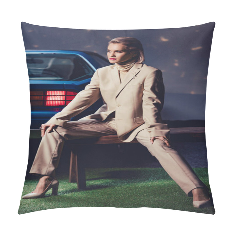 Personality  Attractive And Stylish Woman In Suit Sitting On Wooden Bench Near Retro Car Pillow Covers