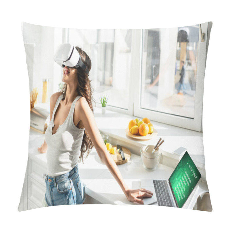 Personality  Woman Using Virtual Reality Headset Near Laptop And Credit Card In Kitchen  Pillow Covers