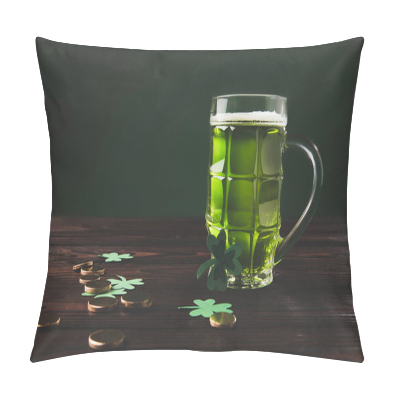 Personality  Glass Of Beer With Shamrock And Golden Coins On Wooden Table, St Patricks Day Concept Pillow Covers