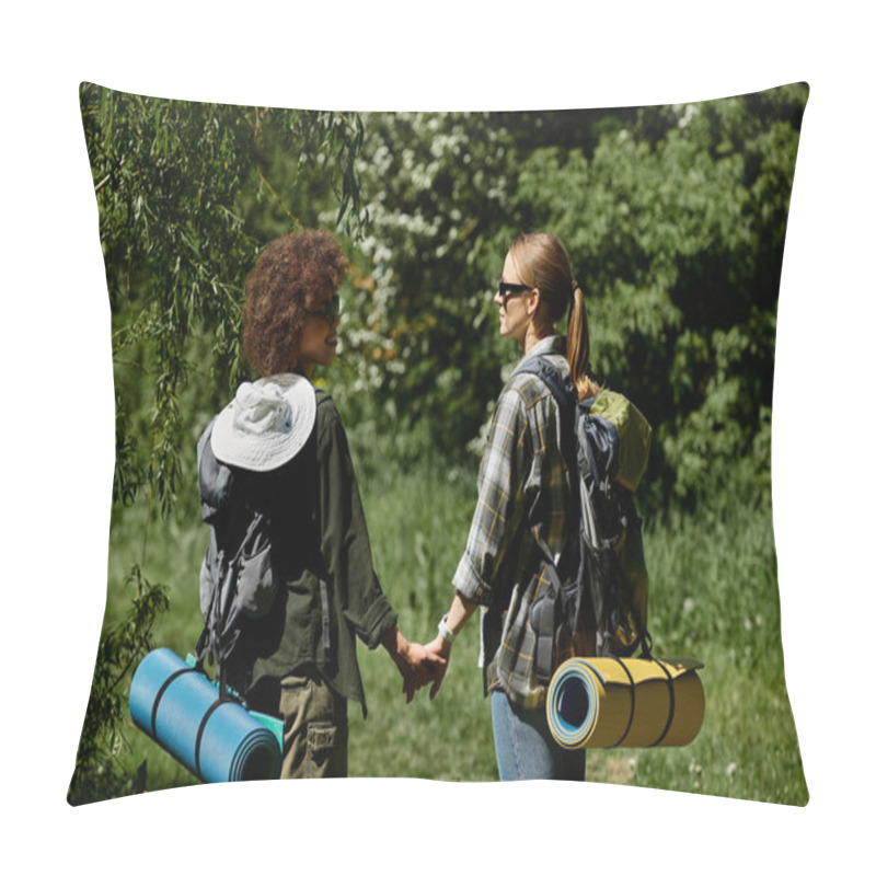 Personality  Two Young Women, One With Curly Hair And The Other With A Ponytail, Walk Hand-in-hand On A Hiking Trail In The Wilderness. Pillow Covers