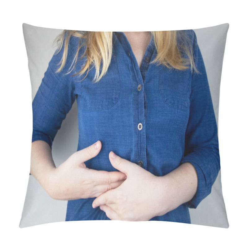 Personality  A Woman Grabs His Right Side Under The Ribs. Pain In The Liver. Pain Syndrome In Liver Disease. Hepatologist Examination Pillow Covers