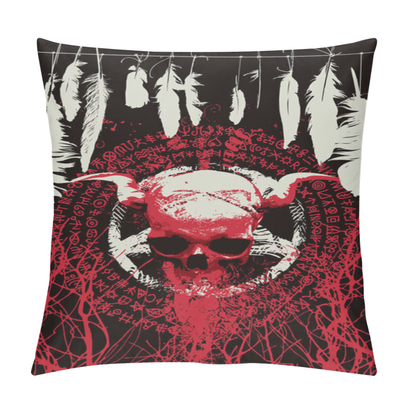 Personality  A4 Vector Banner On The Theme Of Satanism, Black Magic And Witchcraft With Bird Crow Feathers And Satanic Pentagram, Human Skull With Horns And Roots In The Folk Shaman Style Pillow Covers