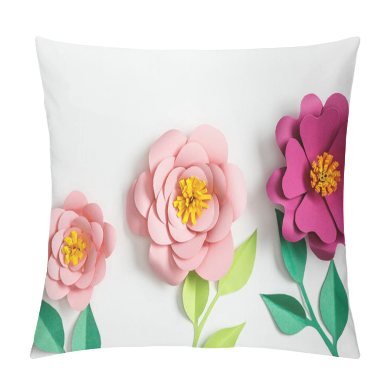 Personality  Top View Of Pink Paper Flowers And Green Plants With Leaves On Grey Background Pillow Covers