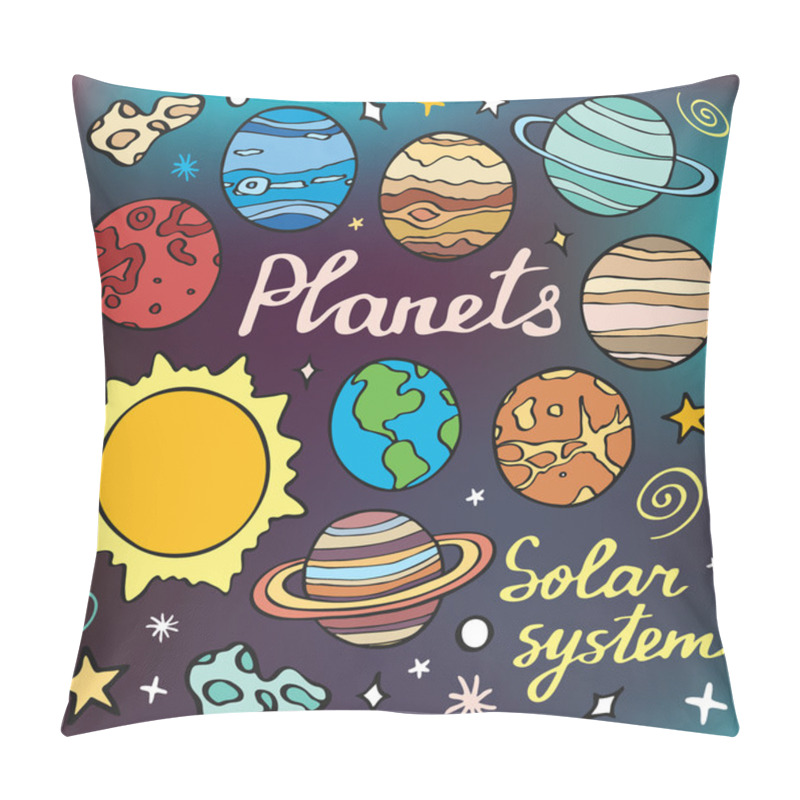 Personality  Planets Set. Hand-drawn Cartoon Collection Of Solar System Planets. Doodle Drawing. Pillow Covers