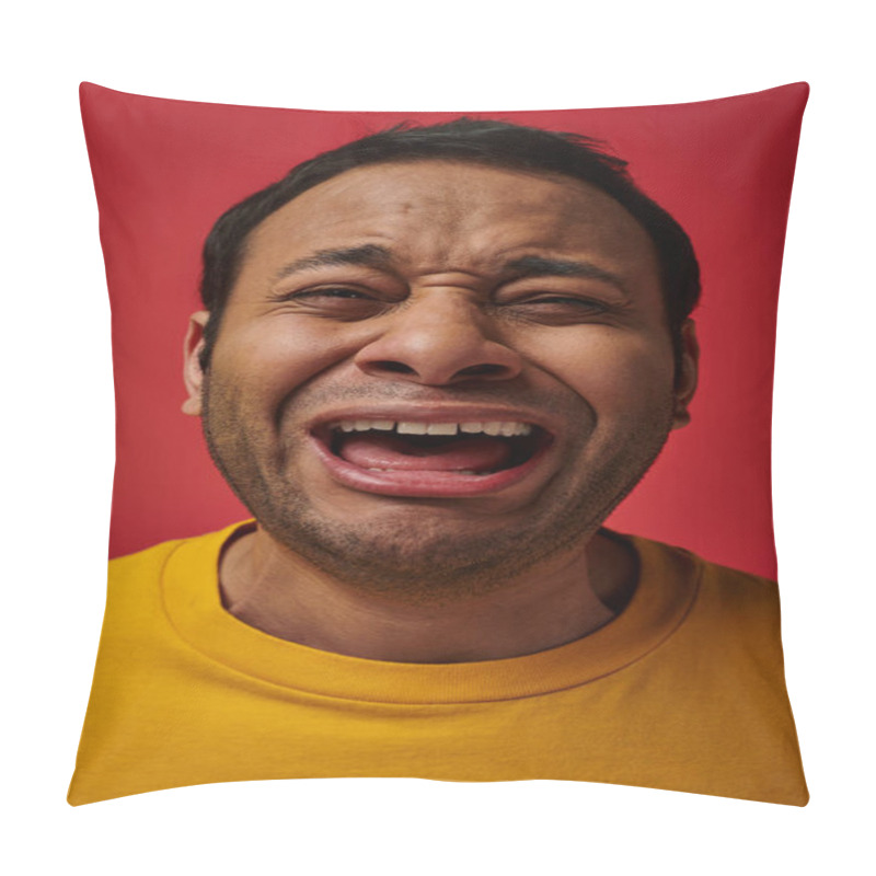 Personality  Face Expression, Emotional Indian Man In Yellow T-shirt Crying Loud On Red Background, Open Mouth Pillow Covers