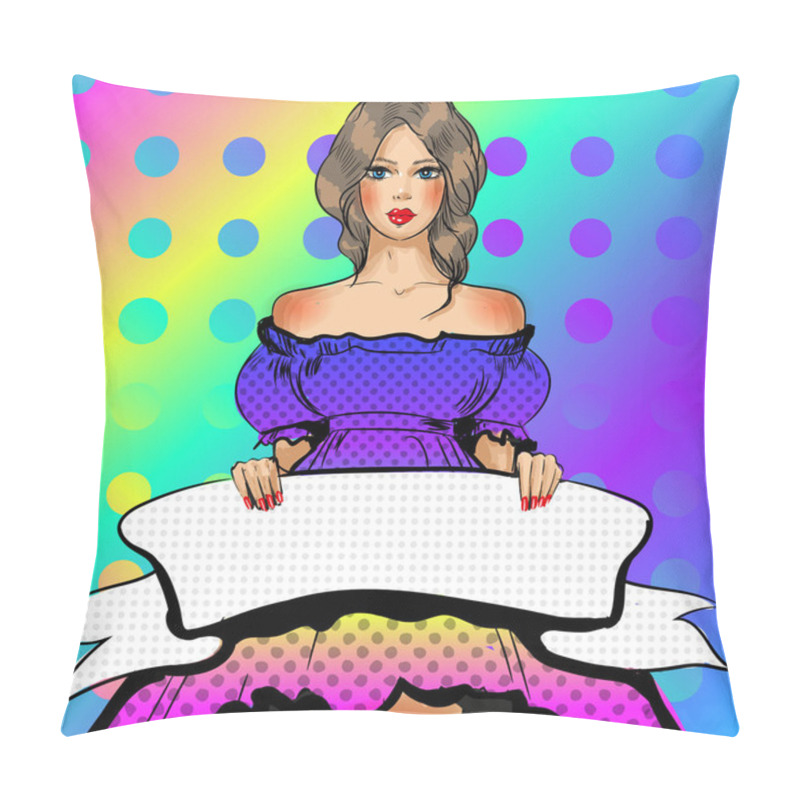 Personality  Vector Pop Art Beautiful Young Woman With Banner, Ribbon Pillow Covers