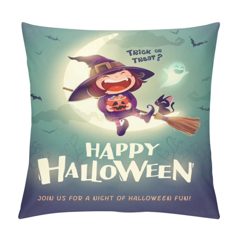 Personality  Happy Halloween. Halloween Little Witch. Girl Kid In Halloween Costume Sits On The Moon. Retro Vintage. Pillow Covers