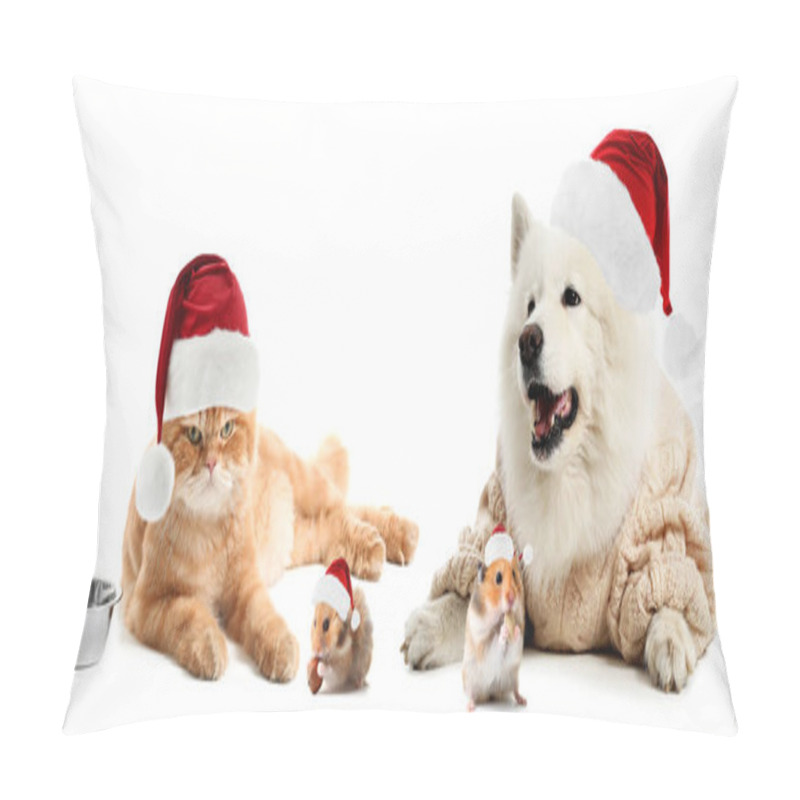 Personality  Cute Pets In Santa Hats On White Background Pillow Covers