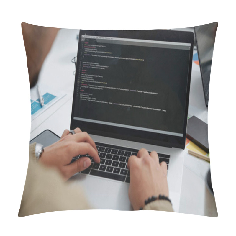 Personality  Close-up Of Young Developer Writing Codes On Computer While Working At Table At IT Office Pillow Covers