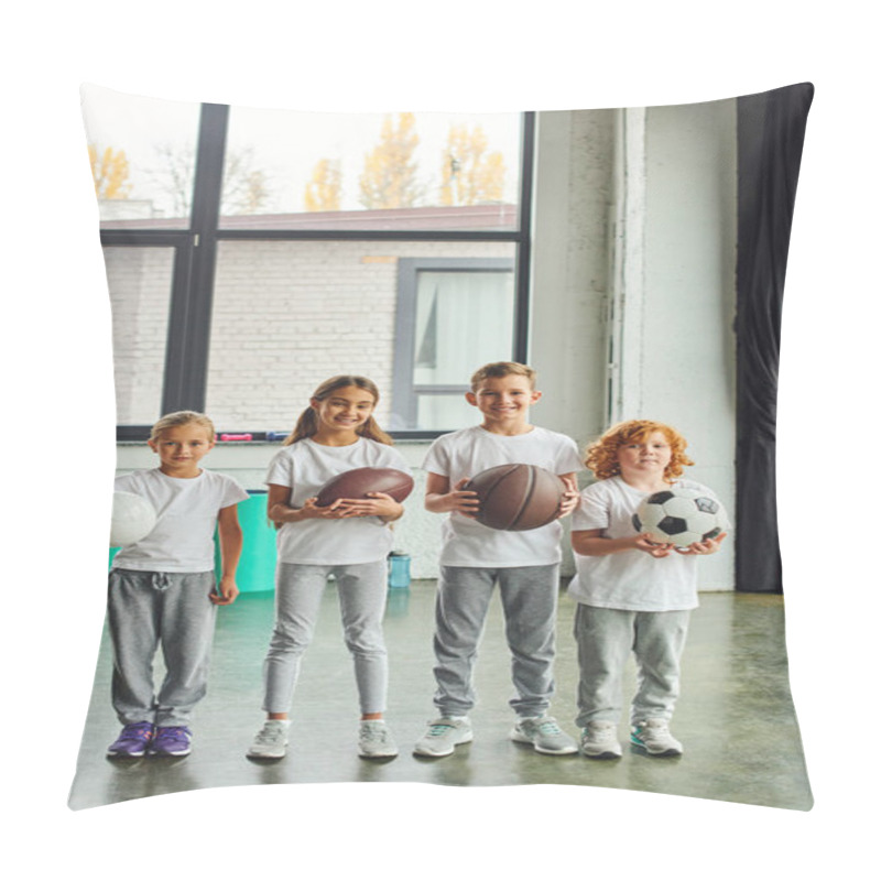 Personality  Vertical Shot Of Four Preadolescent Children With Different Kinds Of Balls, Smiling At Camera, Sport Pillow Covers