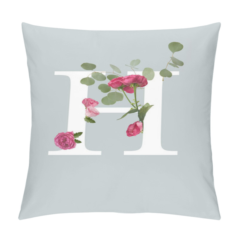 Personality  White Letter H With Pink Roses And Green Leaves Isolated On Grey Pillow Covers