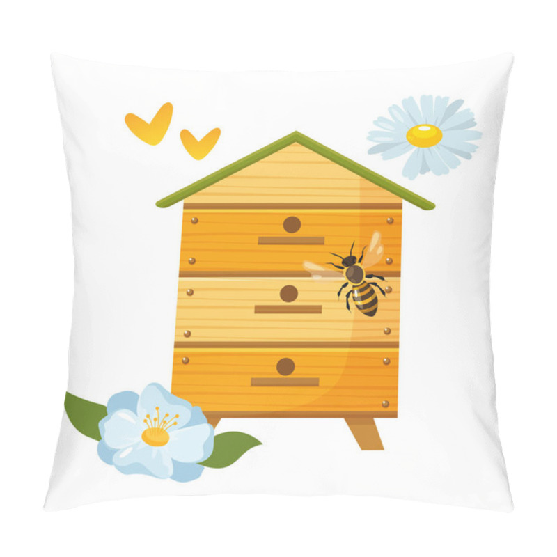 Personality  Wooden Hive With Blooming Flowers And Bee Isolated On White Background. Pillow Covers