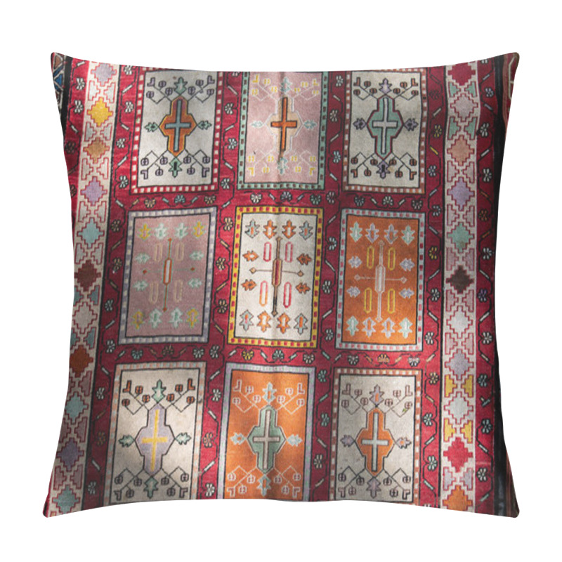 Personality  The Intricately Woven Traditional Rug Features Symmetrical Geometric Patterns In Vibrant, Colorful Tones. The Design Features A Variety Of Symbols Framed By Borders Illuminated By Soft Natural Light. Pillow Covers