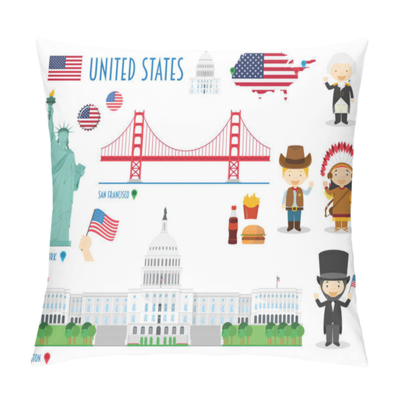 Personality  USA Flat Icon Set Travel And Tourism Concept. Vector Illustratio Pillow Covers