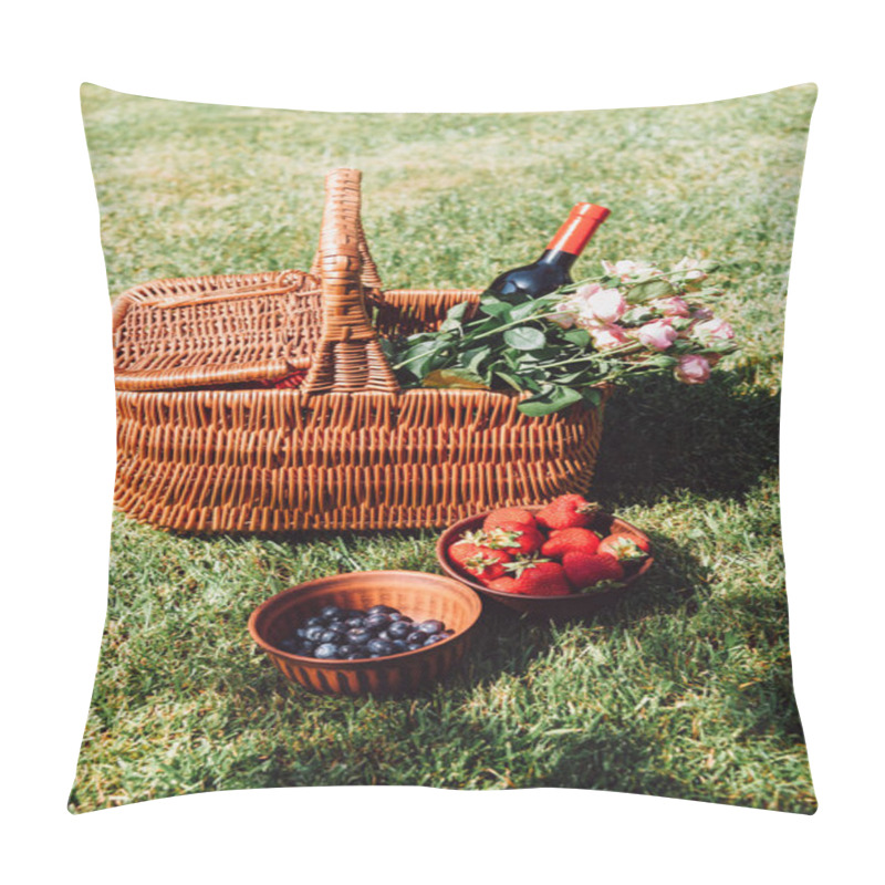 Personality  Wicker Basket With Roses And Bottle Of Wine On Green Grass Near Strawberries And Blueberries In Bowls Pillow Covers