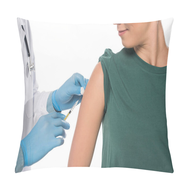 Personality  Cropped View Of Doctor Doing Vaccine Injection To Patient Isolated On White Pillow Covers