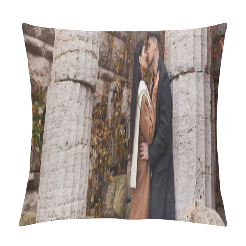 Personality  A Couple Shares A Tender Kiss, Cozy In Fall Outfits Amid Natures Beauty. Pillow Covers