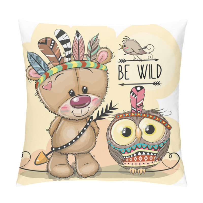 Personality  Cute Cartoon Tribal Teddy Bear And Owl With Feathers Pillow Covers