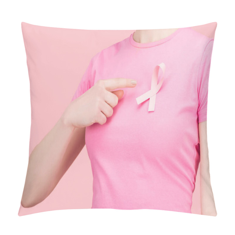 Personality  Partial View Of Woman In Pink T-shirt Pointing With Finger At Silk Breast Cancer Sing Isolated On Pink Pillow Covers