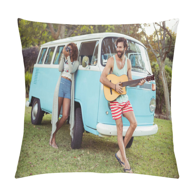 Personality  Man Playing Guitar Near Campervan And Woman Photographing Beside Him Pillow Covers