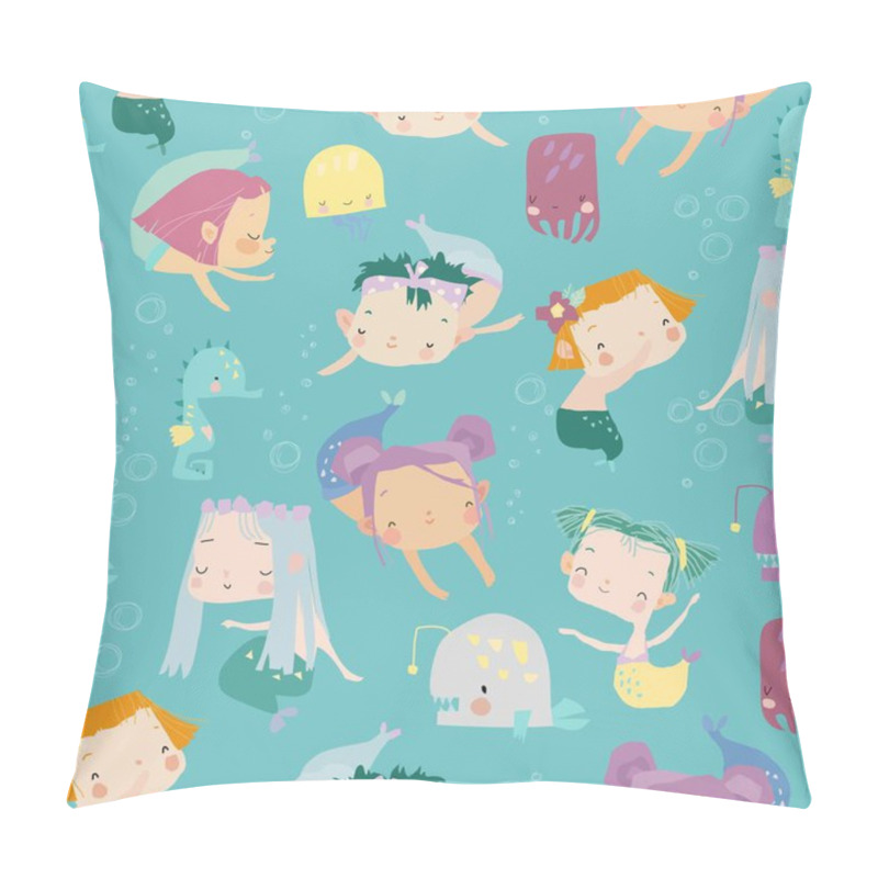 Personality  Seamless Pattern With Cartoon Little Mermaids On Blue Background Pillow Covers