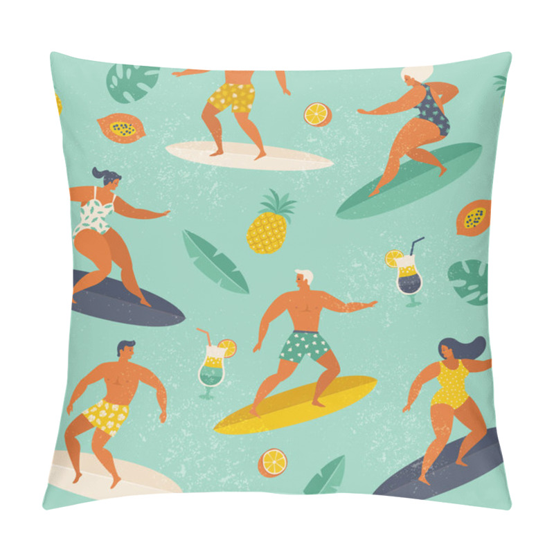 Personality  Summer Beach Seamless Pattern With Surfers Pillow Covers