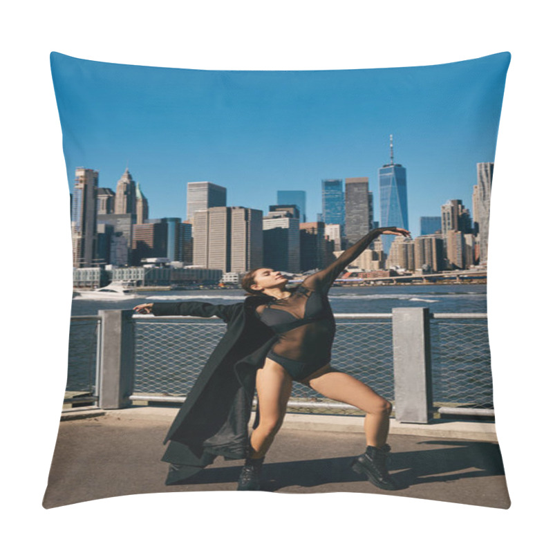 Personality  A Young Woman In A Black Bodysuit Dances On A Waterfront Walkway In New York City. Pillow Covers