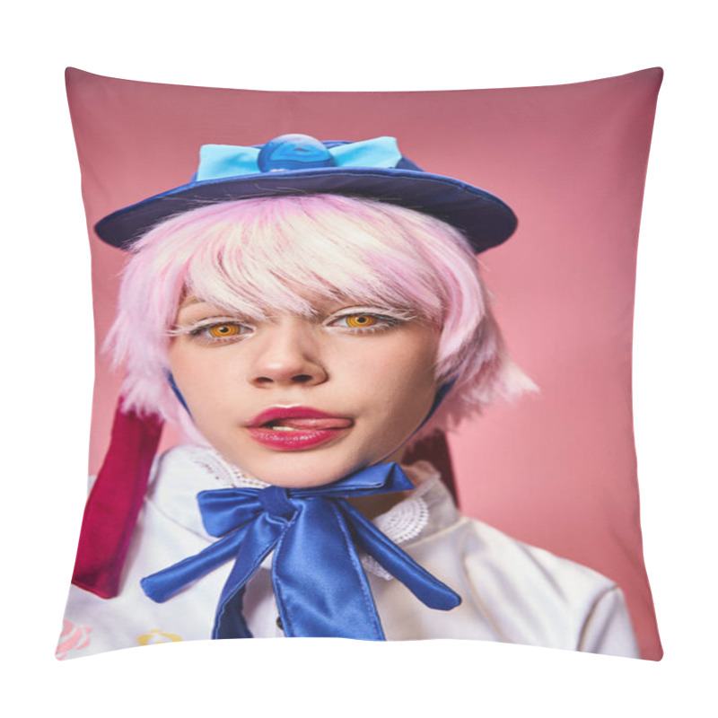 Personality  Alluring Young Female Cosplayer Sticking Out Her Tongue And Looking At Camera On Pink Backdrop Pillow Covers