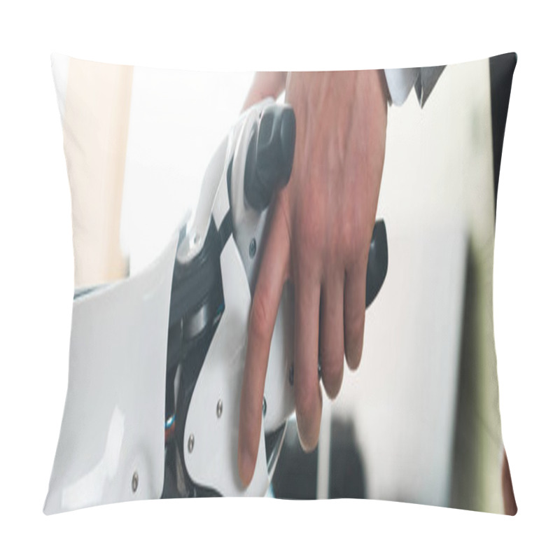 Personality  Cropped View Of Businessman And Robot Shaking Hands In Office, Panoramic Shot Pillow Covers