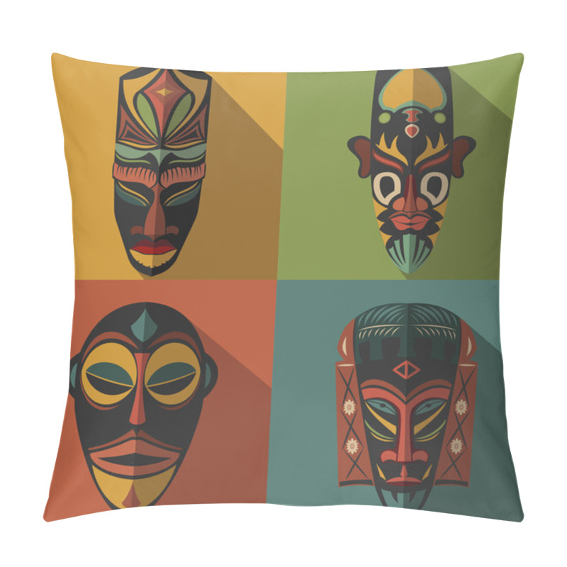 Personality  Set Of African Ethnic Tribal Masks On Colour Background Pillow Covers