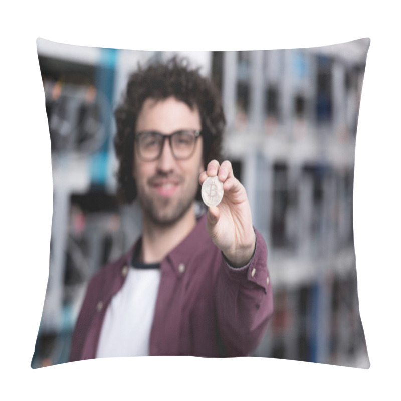 Personality  Handsome Computer Engineer Holding Bitcoin At Cryptocurrency Mining Farm Pillow Covers