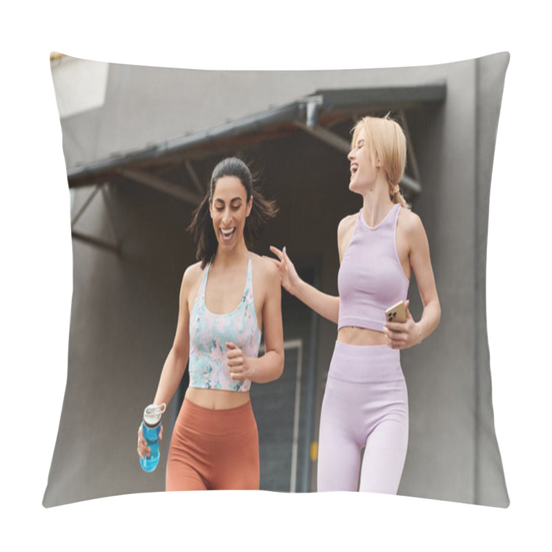 Personality  Two Young Women Run And Laugh Together, Celebrating Love And Fitness On A Sunny Day. Pillow Covers