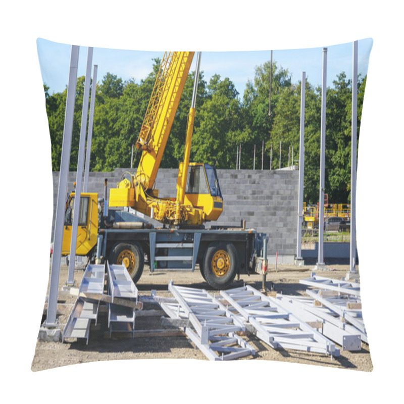 Personality  Construction Site Of A New Modern Industrial Building With Vertical Steel Columns, Steel Beams And A Yellow Mobile Hydraulic Telescopic Crane Pillow Covers