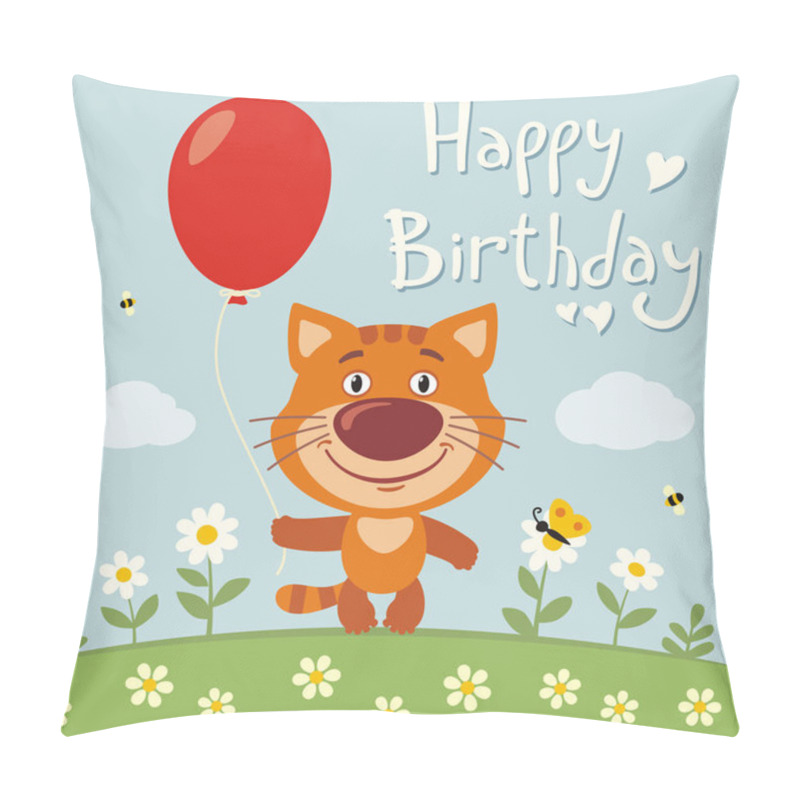 Personality  Greeting Card With Cute Funny Cartoon Character Of Cat With Red Balloon On Flower Meadow And Text Happy Birthday Pillow Covers