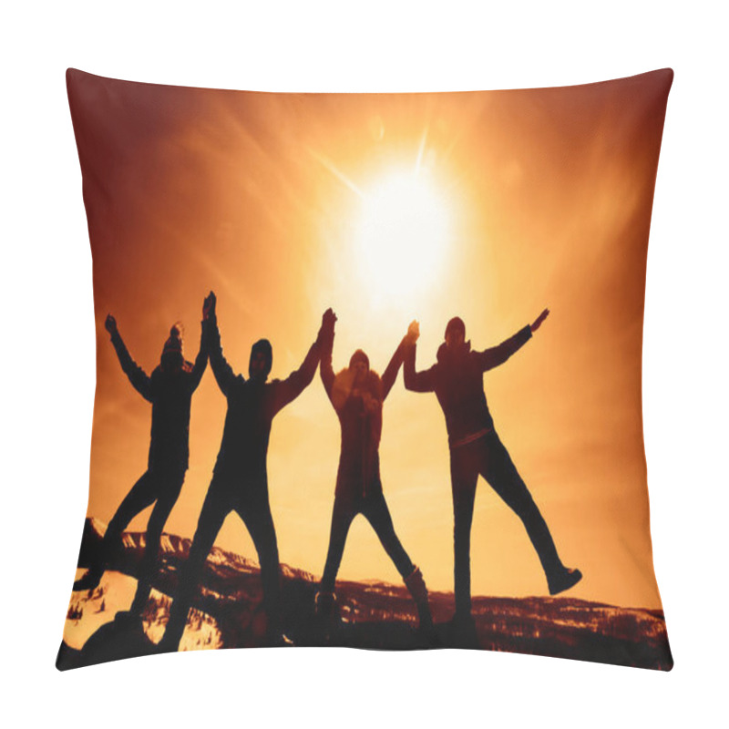 Personality  Friends Holding Hands And Have Fun On Flank Of Hill. Team Of Young People Outdoor Winter Setting. Hands Up. Sunny Winter Day.  Pillow Covers