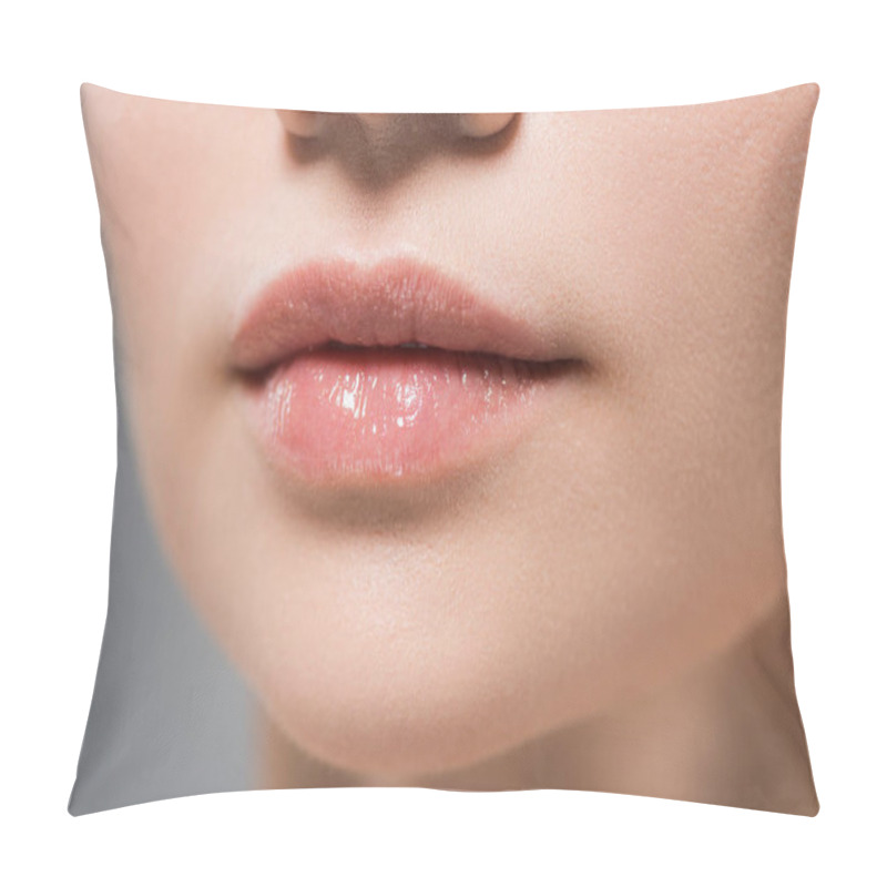 Personality  Cropped View Of Woman With Soft Lips Isolated On Grey  Pillow Covers