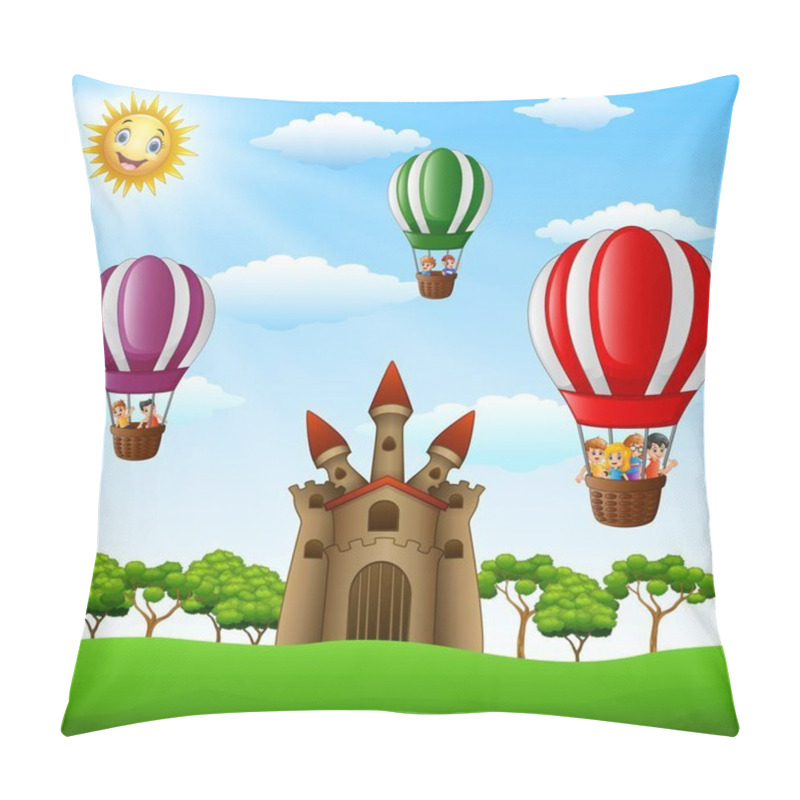 Personality  Cartoon Kids Riding In A Hot Air Balloon Near The Castle Pillow Covers