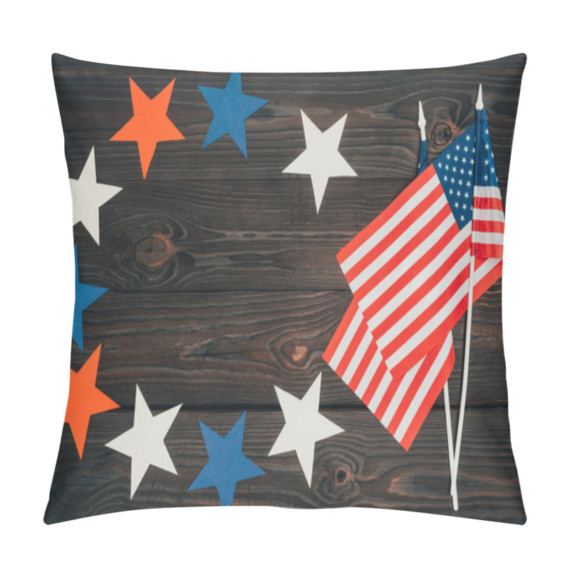 Personality  Top View Of Arranged American Flags And Stars On Wooden Surface, Presidents Day Celebration Concept Pillow Covers