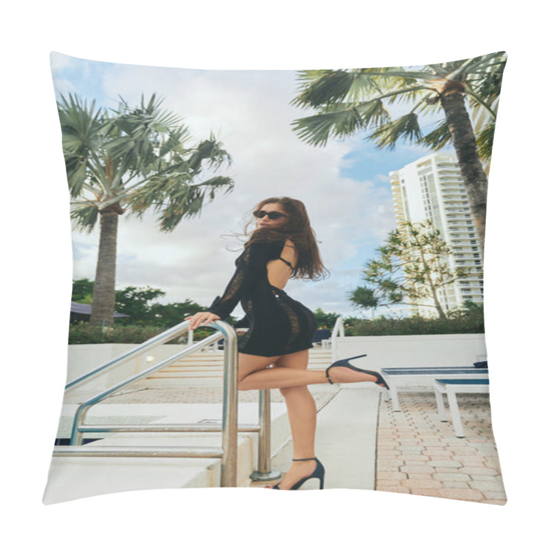 Personality  Palm Trees In Luxury Resort, Sexy Brunette Woman With Tanned Skin In Black Knitted Dress, Sunglasses And High Heels Standing Next To Ladder Of Outdoor Swimming Pool In Miami, Hotel, Summer Getaway  Pillow Covers