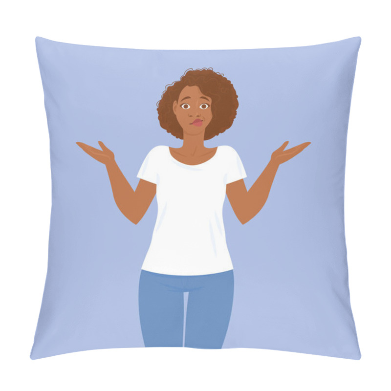 Personality  Emotions. Pretty Young Black Woman In Casual Clothes With Hair In Afro Style Shrugs In Confusion. Suitable For Animation Pillow Covers