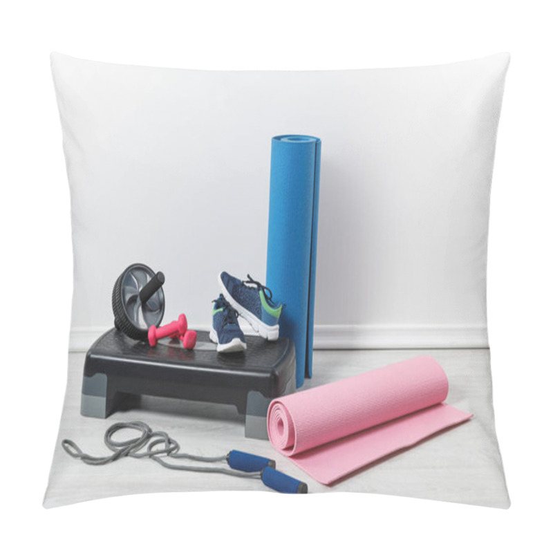 Personality  Fitness Mats And Sports Stuff On Floor At Home   Pillow Covers