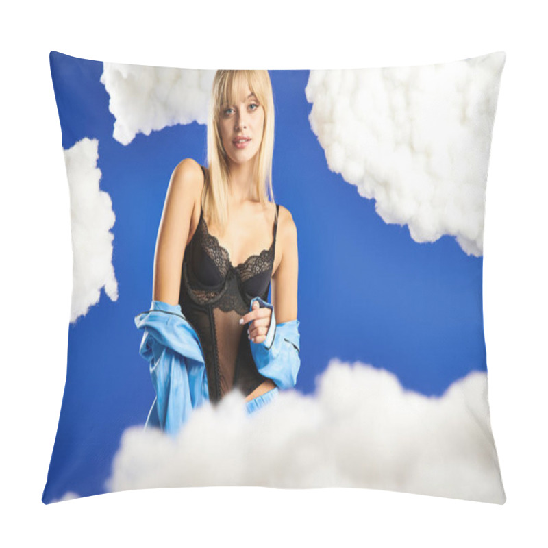 Personality  Alluring Blonde Woman In Lingerie Standing Gracefully Amidst Fluffy Clouds. Pillow Covers