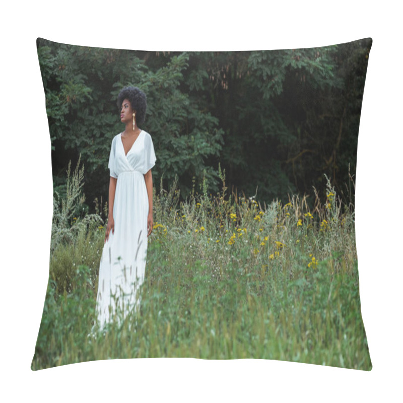 Personality  Selective Focus Of Beautiful African American Woman In Field With Wildflowers  Pillow Covers