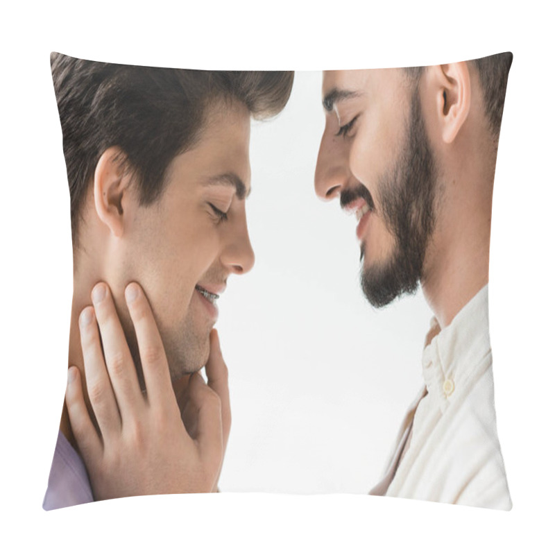 Personality  Side View Of Positive Bearded Gay Man In Casual Shirt Touching Face Of Young Partner With Braces On Teeth While Standing Together Isolated On Grey  Pillow Covers