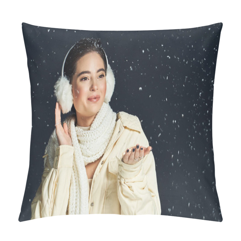 Personality  A Cheerful Woman Is Playfully Catching Snowflakes While Dressed Warmly For Winter. Pillow Covers