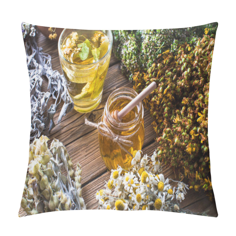 Personality  Harvesting Healing Herbs, Linden Flower Tea And Honey On A Wooden Background, Alternative Medicine Pillow Covers