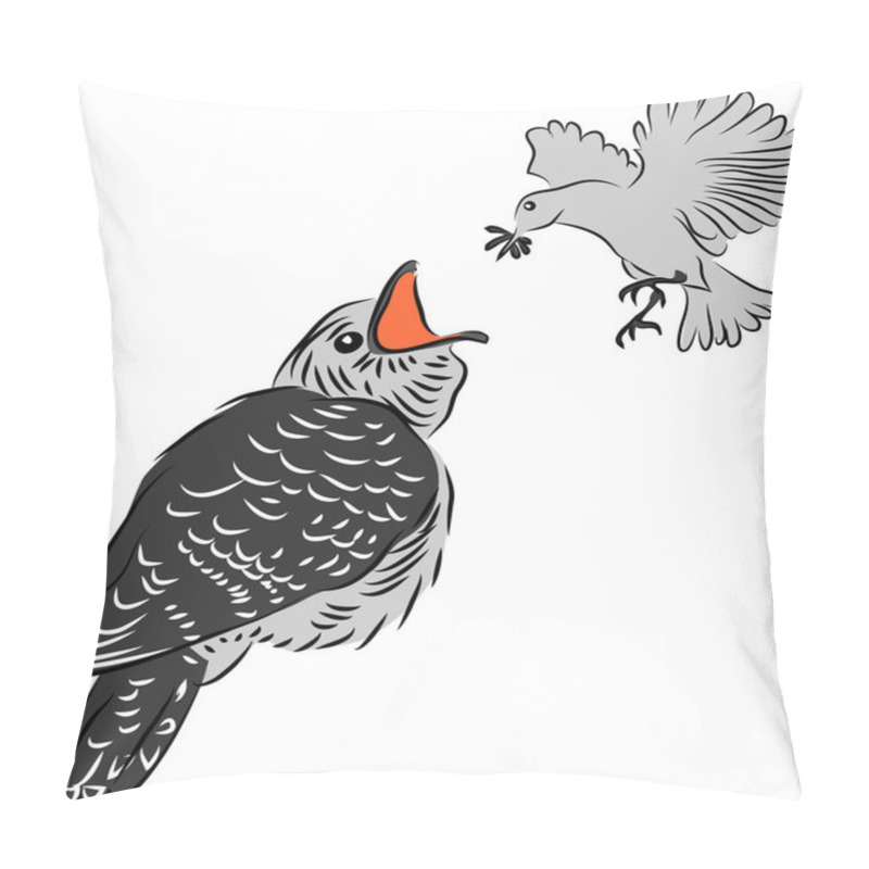 Personality  Cuckoo Young Being Fed - Stylized Greyscale Vector Illustration Pillow Covers