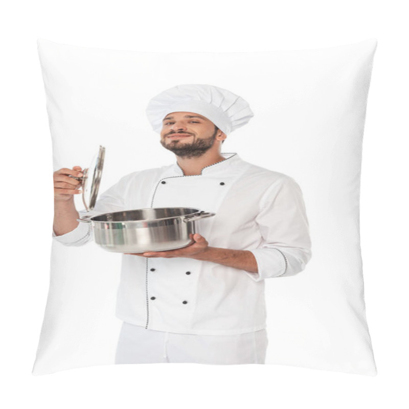 Personality  Handsome Chef Holding Pan And Cap While Looking At Camera Isolated On White Pillow Covers