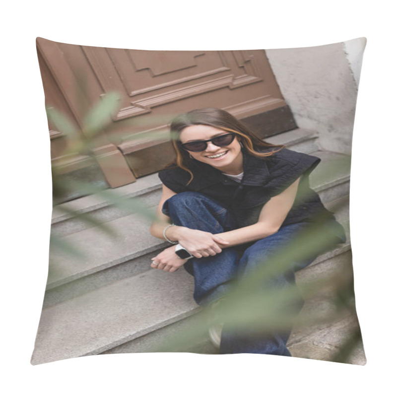 Personality  High Angle View Of Cheerful Young Woman In Trendy Sunglasses And Sleeveless Jacket Sitting On Stairs Near Entrance Door  Pillow Covers