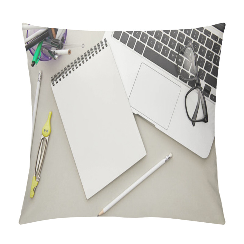 Personality  Top View Of Notebook Near Stationery And Laptop Isolated On Grey  Pillow Covers